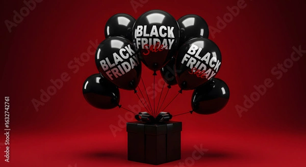 Obraz Black friday sale balloons and gift box on red background