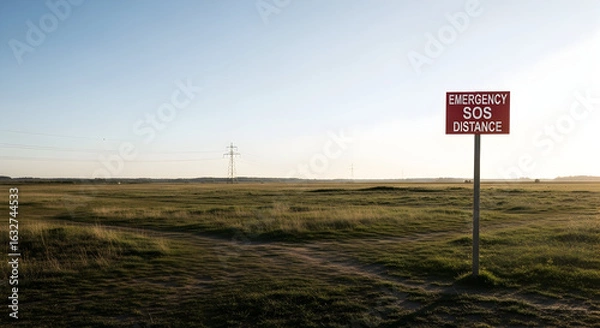 Obraz Emergency Sos Distance Sign In Vast Field Under Clear Sky During Sunrise