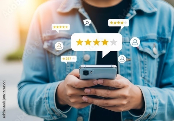 Fototapeta Online customer satisfaction Survey service concept, client rate service from experience in application, Consumer give five-Stars and feedback for quality, Business reputation ranking from buyer.