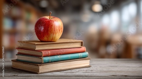 Fototapeta A red apple rests atop a stack of vintage books in a library setting