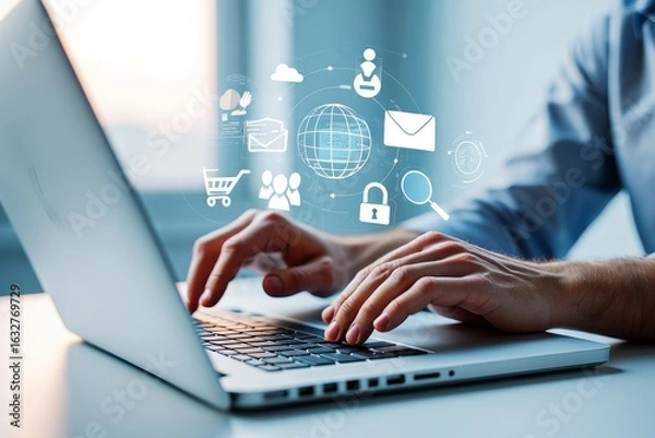 Fototapeta Exploring digital solutions hands on laptop for business and technology concepts