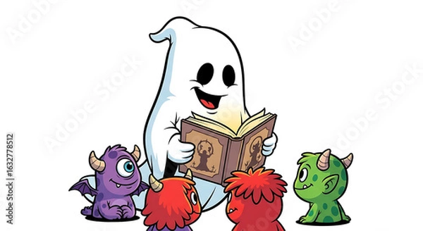 Fototapeta Cartoon ghost reading a story to monsters on transparent background: classic characters for halloween