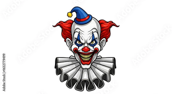 Fototapeta Cartoon portrait of a creepy clown with a sinister grin  on transparent background: classic characters for halloween