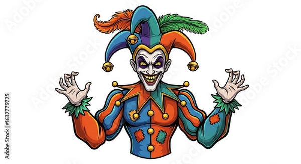 Fototapeta Cartoon illustration of a creepy jester with a sinister grin  on transparent background: classic characters for halloween