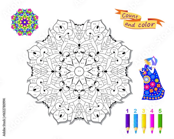 Fototapeta Solve examples and paint the flower. Mathematical education for children. Coloring book. Math exercises on addition and subtraction. Printable worksheet for kids. Hand drawn vector illustration.