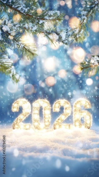 Fototapeta Glowing 2026 celebration in a winter wonderland with snow and illuminated pine branches