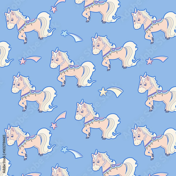 Fototapeta Seamless pattern with cute pink unicorn and stars
