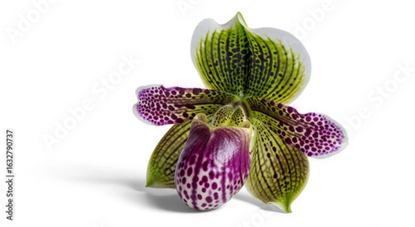 Fototapeta Studio close-up of an exotic Lady Slipper Orchid with spotted purple and green petals, isolated on a clean white background with a soft shadow
