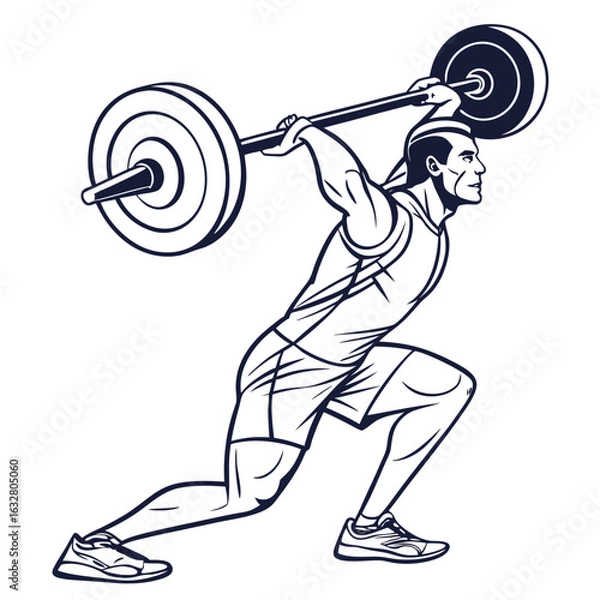 Fototapeta Man lifting barbell overhead in a dynamic lunge position with focus on strength and athletic ability created with generated ai