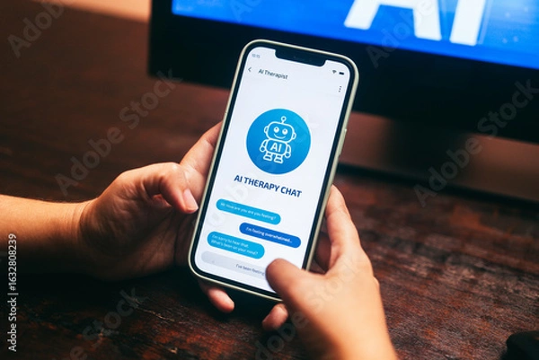 Fototapeta AI therapy chat app on smartphone for mental health support. Emotional, wellbeing assistant concept