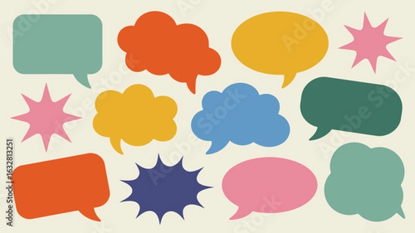 Obraz Colorful flat speech bubbles and comic elements set, vector pop art chat balloons for creative design

