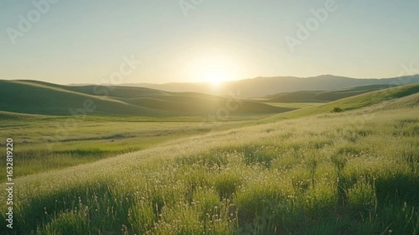 Fototapeta Lush green fields rolling hills at sunrise.