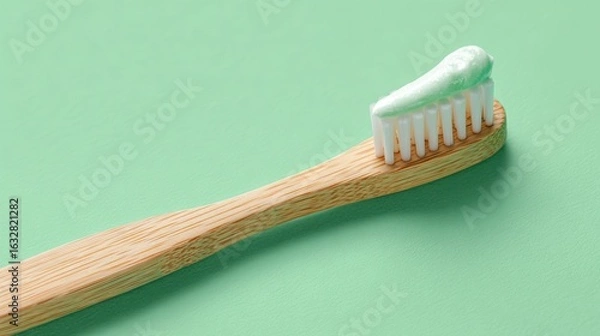 Fototapeta Wooden Toothbrush With Mint Toothpaste on a Green Surface Ready for Use