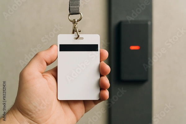 Obraz A hand holding a white id card with a black magnetic strip near a card reader with a red light on it