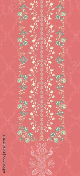Fototapeta Vintage Floral Pattern with Geometric Accents on Coral Background – Seamless Textile Design