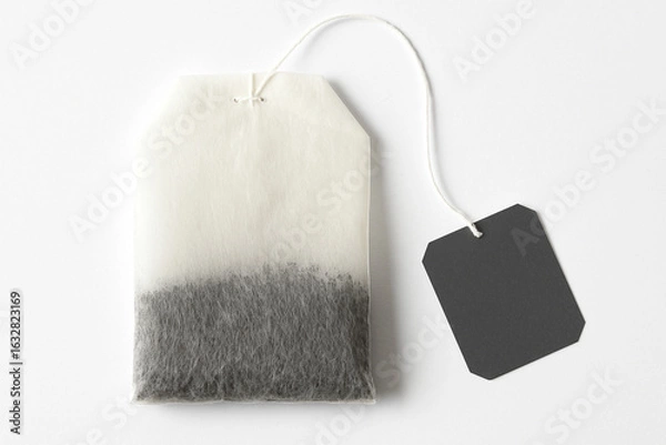 Obraz A single teabag with a black tag on a white background ready for brewing a warm cup of tea beverage