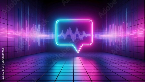 Fototapeta Neon speech bubble with audio wave in futuristic room podcasting and voice chat