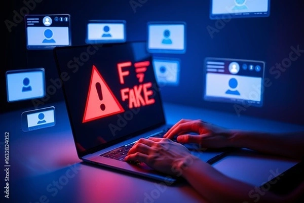 Fototapeta Fake profiles and accounts online concept social media scam and identity theft alert warning