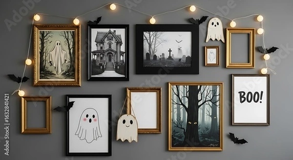 Obraz Collection of spooky halloween decorations and vintage art prints hanging on a gray wall with string lights