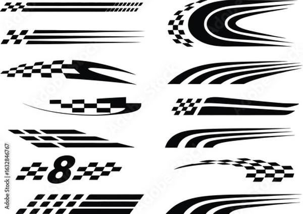 Fototapeta A set of black and white racing stripe graphic elements. A collection of speed lines, checkered flags, and modern sport decal designs.