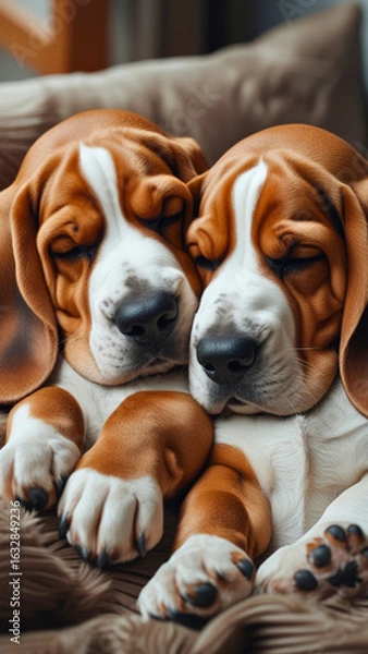 Obraz Basset Hound dogs with soft, fluffy coats and sweet facial expressions, cuddling up and sleeping peacefully