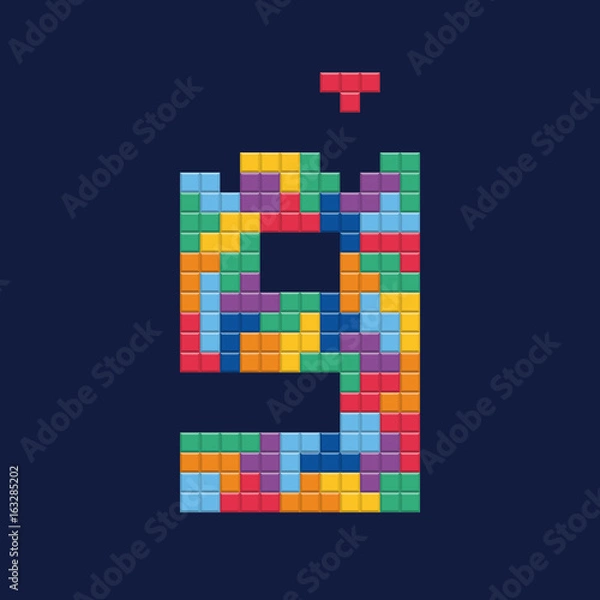 Fototapeta Logo number "9", video game pixel style. Editable vector design. 