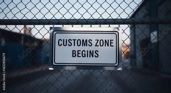 Fototapeta Start Of The Customs Zone Border Security With Metal Fence And Sign