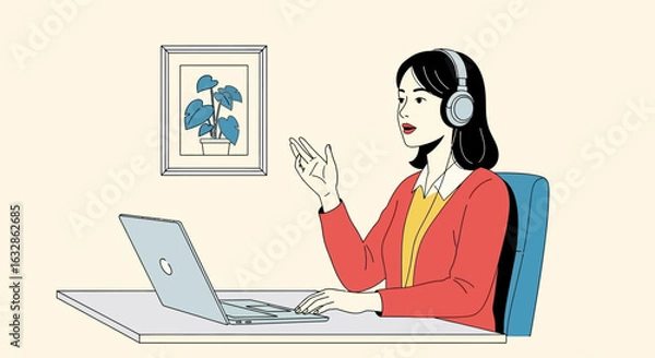 Fototapeta A woman wearing headphones sits at a desk, actively engaging with a laptop and gesturing while speaking.