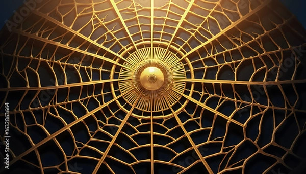 Fototapeta Intricate Golden Spiderweb Ceiling Design; Luxury, Elegance, Architectural Detail, Dark Background