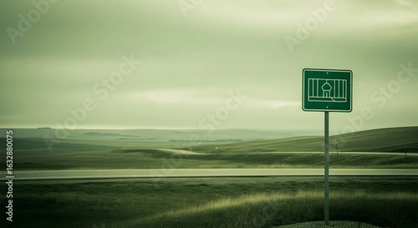 Obraz Tranquil Prairie Vista With Unique Roadside Sign Amidst Gentle Rolling Hills