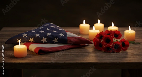Fototapeta A folded American flag with glowing candles and symbolic red poppies on a rustic wooden table, evoking a solemn sense of remembrance, patriotism, and tribute for veterans and national heroes on