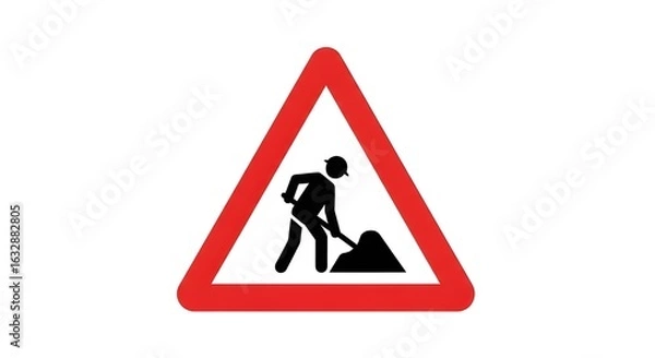Fototapeta Road works ahead warning sign with a worker digging pictogram. A vector illustration concept for traffic safety and construction.