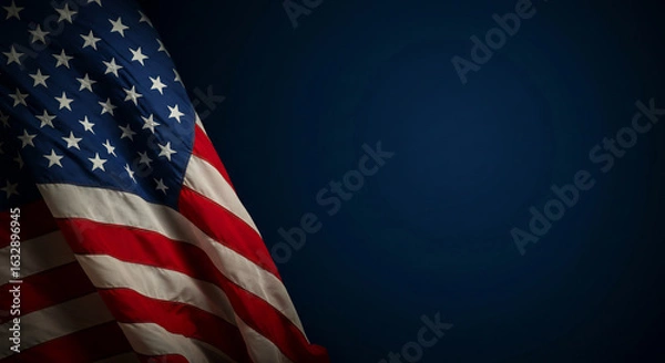 Fototapeta Dramatic American flag waving with rich texture on a dark blue background, symbolizing patriotism, freedom, and national pride. Ideal for holidays, elections, and independence concepts