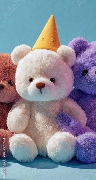 Fototapeta Three teddy bears, one with a party hat, against a bright blue backdrop
