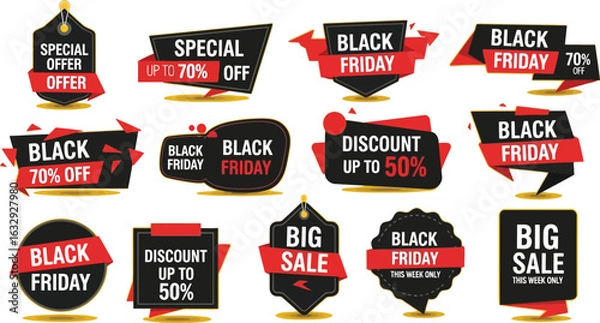 Fototapeta Vector art of black friday sale tags and labels set isolated on a yellow background