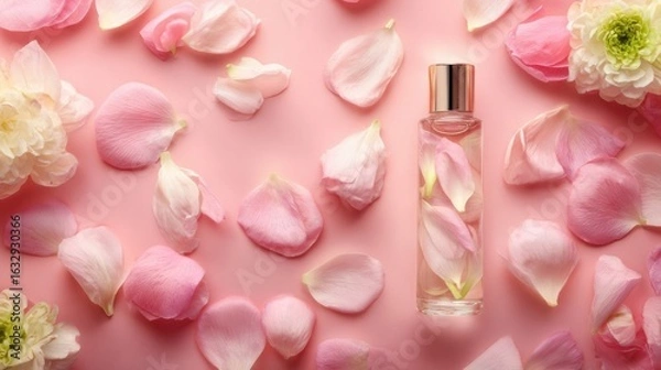 Obraz Brightly Colored Flower Petals Surround a Clear Bottle Containing Floral Fragrance on a Soft Pink Background