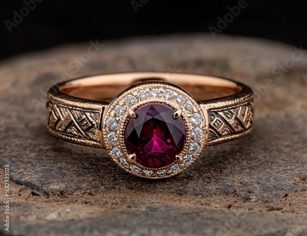 Fototapeta Elegant rose gold ring with ruby gemstone and diamonds.