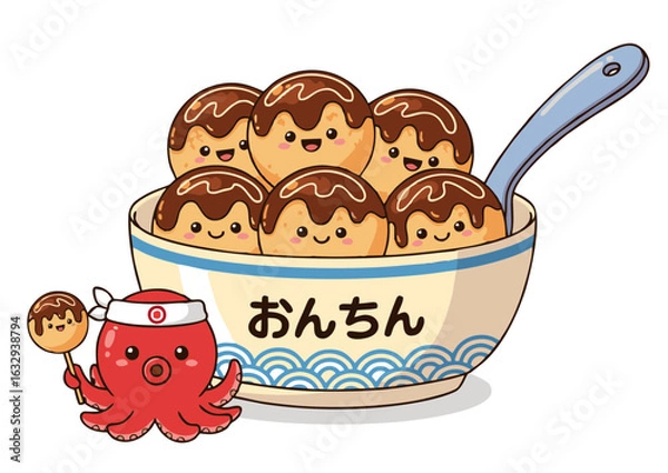 Obraz Cute cartoon octopus chef with a bowl of kawaii takoyaki. Adorable Japanese street food characters in a vector illustration.