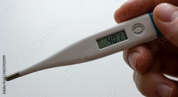 Obraz A hand holding a digital thermometer displaying a high temperature reading.