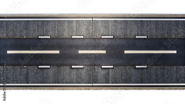 Fototapeta Top-down view of a dark asphalt road with white and yellow lane markings street highway isolated on a transparent background