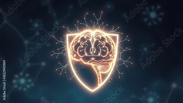 Fototapeta A glowing neuron network forming a protective shield around an abstract brain silhouette with vegetable-shaped constellations.