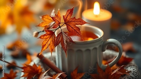 Fototapeta Maple leaf garland draped over a steaming spiced cider mug, illuminated by soft candlelight for cozy warmth.