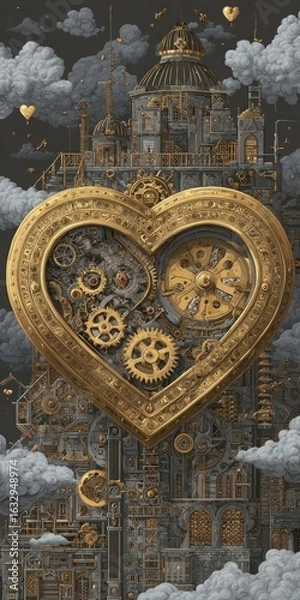 Fototapeta A heart-shaped steampunk city in the clouds