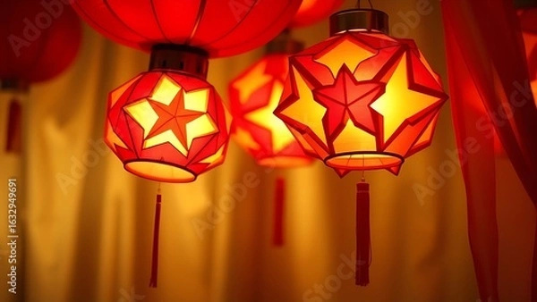 Fototapeta White and red silk scarf with lion motifs, draped elegantly, soft sunlight filtering through sheer curtains.