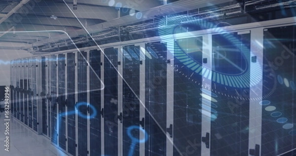 Obraz Operating glass-fronted server cabinets processing data in data center, with holographic graphics