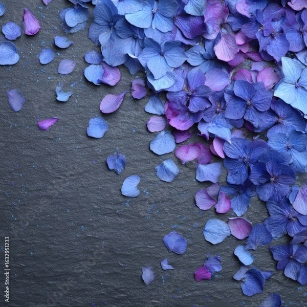 Obraz Delicate blue and purple flower petals scattered on a dark stone surface