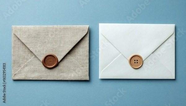 Obraz Two sealed envelopes, linen and white, on blue background, for correspondence