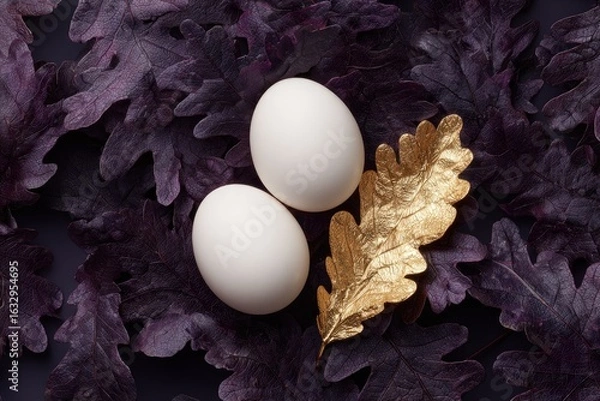 Fototapeta Two white eggs rest on a bed of purple leaves, with a golden leaf in between