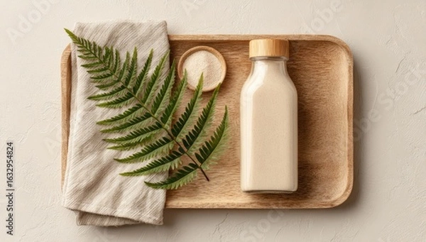 Fototapeta Natural skincare products on a wooden tray.  A beige linen cloth, a fern leaf, a small bowl of powder, and a glass bottle with a light beige liquid are arranged on a light-colored wooden tray