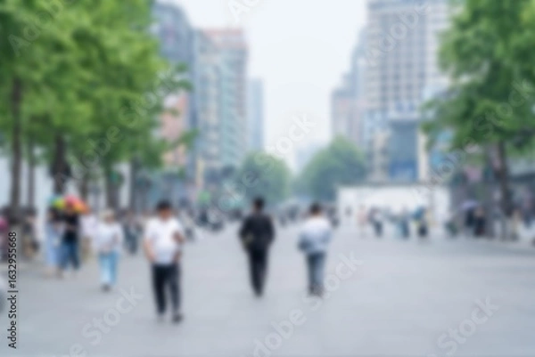 Fototapeta A blurred view of a bustling street in Hangzhou, China. People walk through the city as tall buildings line the sides.